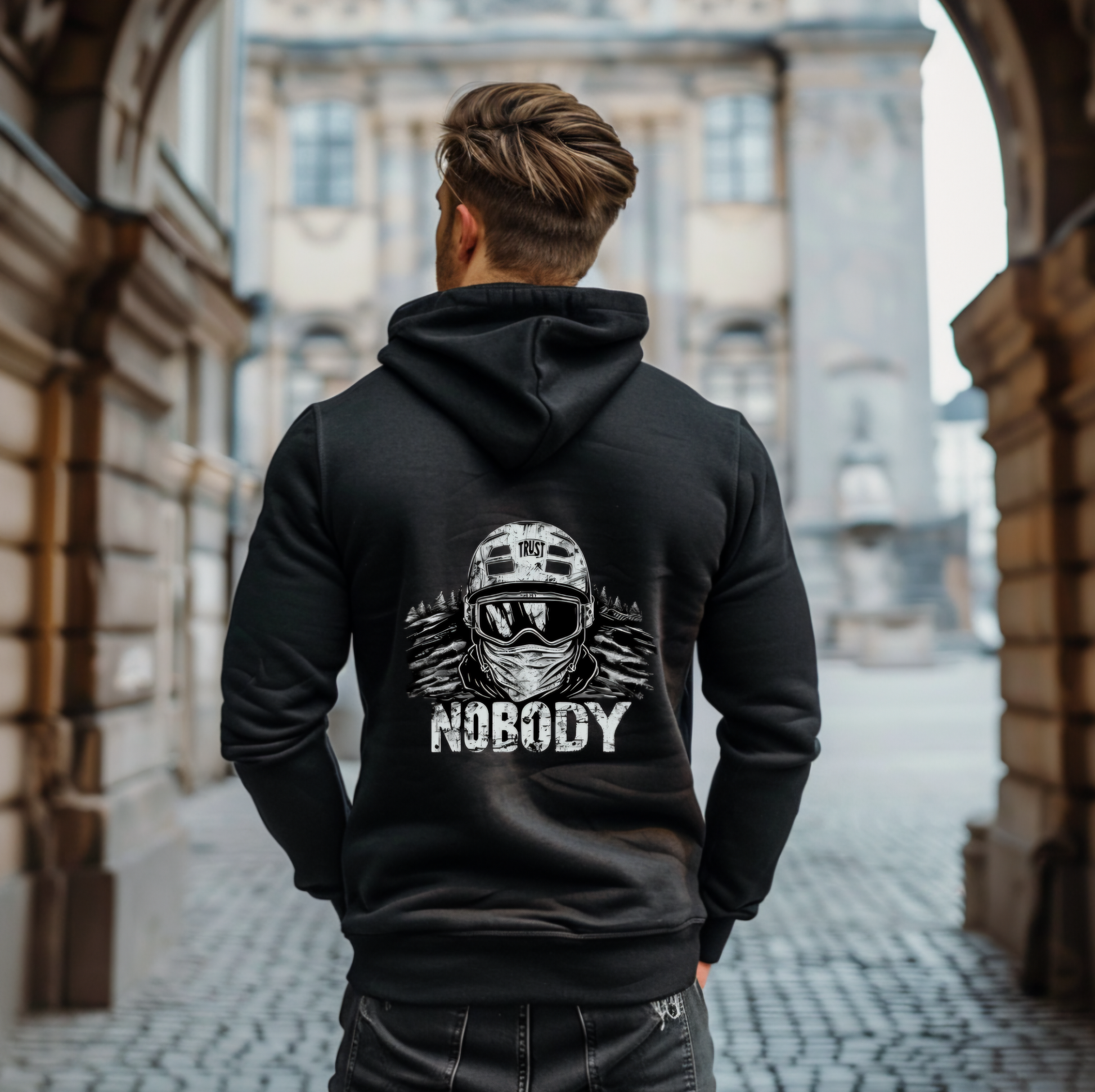 Nachhaltiger Trust Nobody Hoodie schwarz hinten